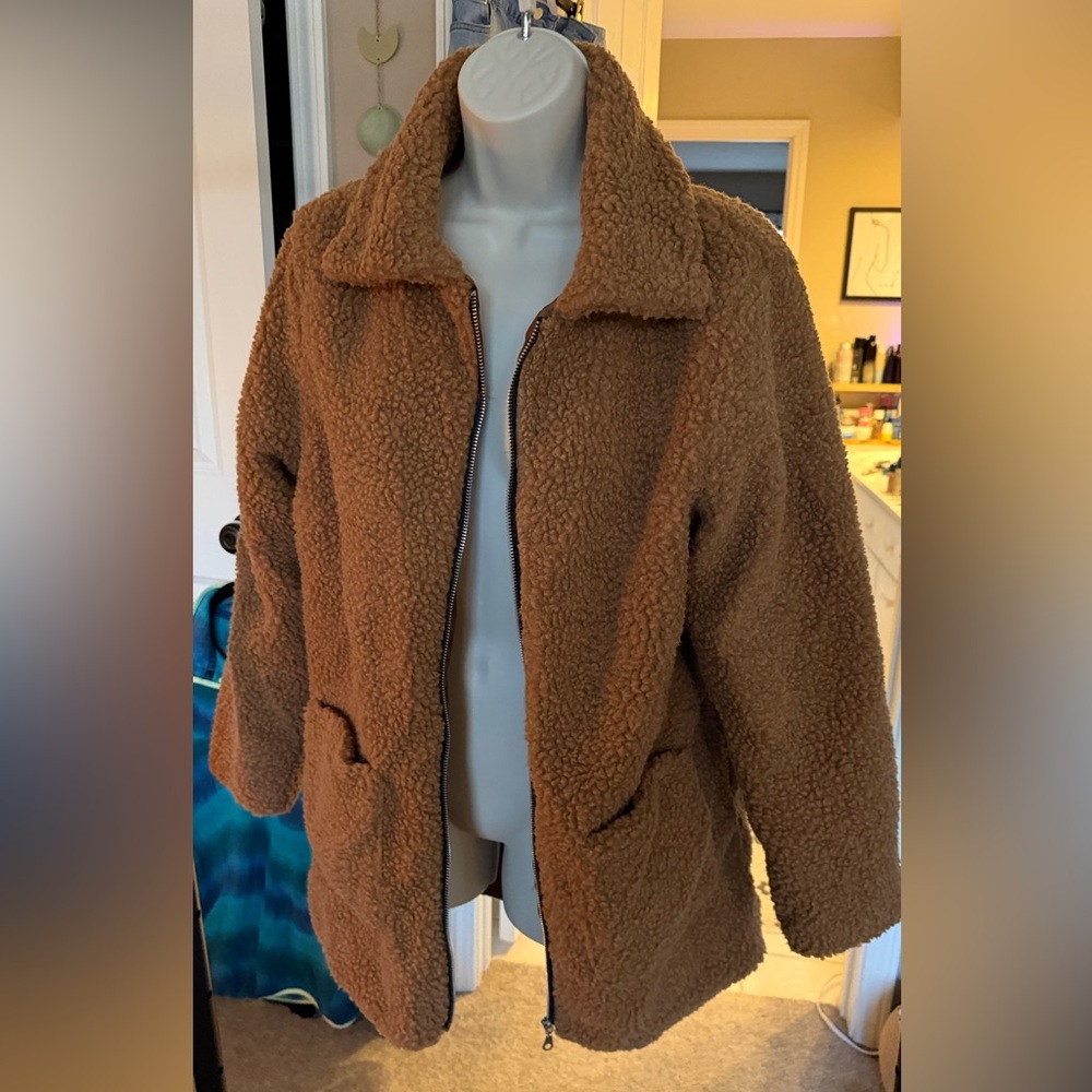 Cozy Women's Brown Teddy Zip-Up Jacket